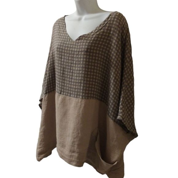 Luuka Tops - Luuka tan/gray linen boxy oversize top blouse lagenlook size 12